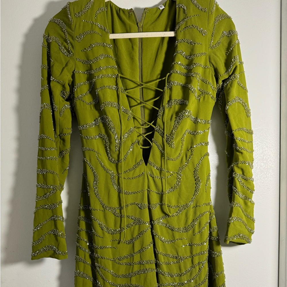 Headed sample mini dress green with clear/holographic beads size 6